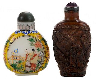Carved Hardwood Snuff Bottle and a 彩绘玻璃鼻烟壶和玉雕鼻烟壶，分别高2.75英寸和2.5英寸，20世纪早期，中国