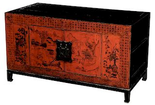 Chinese Red Lacquer and Gilt Scroll 红漆描金山水花草柜，27x49x24英寸，18或19世纪，中国清代