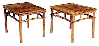 Pair Chinese Figured Carved Hardwood 硬木小方桌一对，19.5x25x20英寸,或19世纪,中国