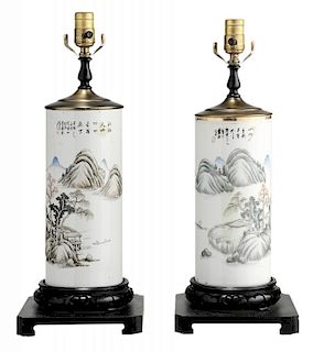 Pair Cylindrical Porcelain Hat Stands 粉彩山水笔筒形灯座一对,19英寸,20世纪,中国