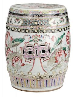 Famille Rose Porcelain Garden Seat 粉彩花鸟庭院鼓凳，19英寸，19/20世纪,中国