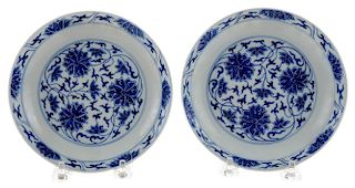 Pair Blue and White Shallow Floral 青花缠枝花纹碟一对,1.375*6英寸,19/20世纪,中国