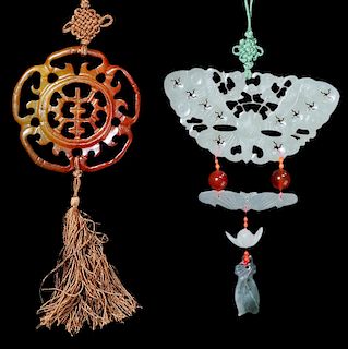 Finely Carved Celadon Jade Butterfly 青玉雕蝴蝶和寿字纹玉佩各一，20世纪早期，中国