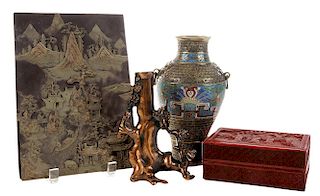 Four Assorted Asian Articles of 寿山石雕山水玉牌、掐丝珐琅花瓶、根雕花卉、朱砂雕盒各一，中国和日本