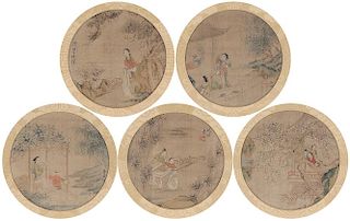 Five Early Ink and Watercolor 早期丝质水彩人物团画五幅,7.75英寸,中国