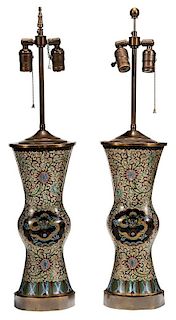 Pair Chinese Cloisonn?Vases Converted 景泰蓝凤尾尊形灯座一对,16.25英寸,19/20世纪,中国