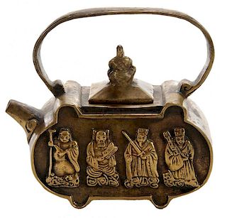 Miniature Brass Teapot, Eight 黄铜浮雕八仙造像提梁茶壶，4*4英寸，19/20世纪,中国
