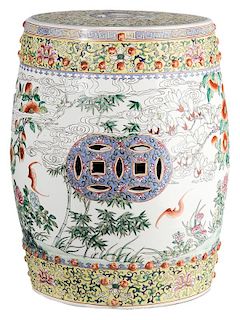 Chinese Famille Rose Porcelain 粉彩花鸟纹庭院鼓凳，18英寸，19世纪，中国