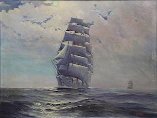 GOURLEY, W.M. Oil on Canvas. Ship at Sea.