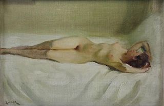 LINDER, Carl Bennett. Oil on Board. Reclining Nude