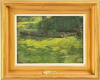 Wilder Darling (American, 1856-1933), Oil on Board, Pond with Canoe