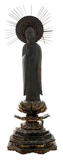Carved Gilt Wood Buddha on a Lotus 金漆木雕站莲菩萨造像，14.5英寸，亚洲