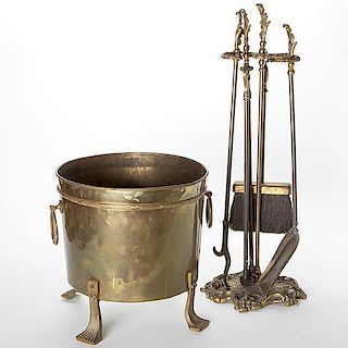 Brass Fireplace Tools & Coal Bucket 