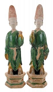 Pair Han or Han Style Pottery Warrior 汉式绿意红帽三彩兵马俑一对，20英寸，中国