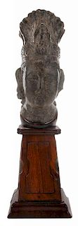 Liao Dynasty Carved Gray Stone Head of 石雕菩萨头像带硬木底座，9.75英寸，中国辽代