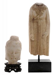 Carved Stone Figure of a Monk, and a 石雕观音半身像头身分离，中国