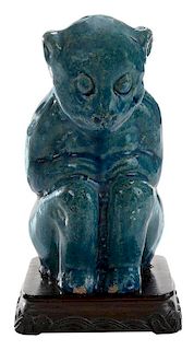 Turquoise-Glazed Pottery Figure of a 绿松石釉坐猴造像，7英寸，中国清代