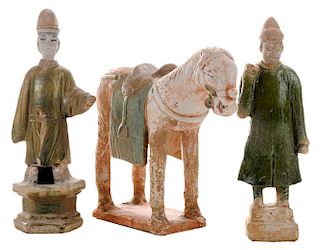 Three Chinese Pottery Tomb Figures, 墓葬三彩陶俑两个和陶马共三件，10.5英寸，中国