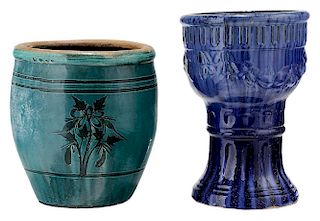 Ceramic Jardinière with Green and Blue 青釉花草纹陶缸和青花釉陶花盆各一，缸高15英寸，花盆缸18英寸，中国