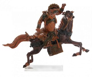 Ming Style Polychromed Pottery Roof 明式木雕彩绘骑马武士造像,10.375英寸,中国