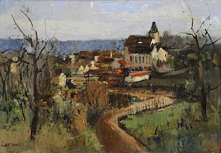LAUZERO, Albert. Oil on Canvas. Village Landscape.