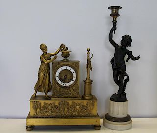 Antique French Dore Bronze Clock & A Patinated