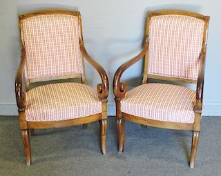 Pair Of French Empire Fruitwood Armchairs .
