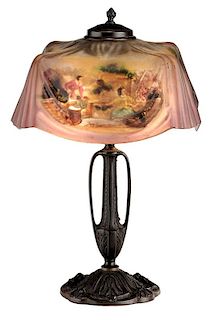 Reverse-Painted Lamp Shade on Bronze