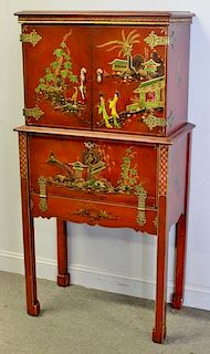 Asian Red Lacquered Decorated Drop Front Cabinet.
