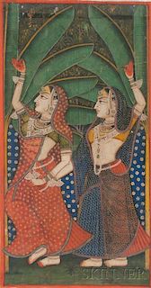 Painting Depicting Two Dancers 两个舞者的绘画，高33.75英寸，宽17.5英寸，19/20世纪,印度