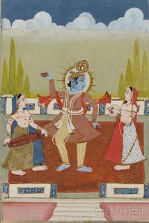 Miniature Painting Depicting Krishna Dancing 描绘舞者的微型画,高9.75英寸,宽7英寸,19/20世纪,印度