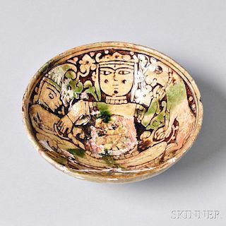 Polychrome Pottery Garrus Bowl with Figural Decorations 多彩人物陶碗,高2.625英寸,直径6.5英寸,波斯，12/13世纪
