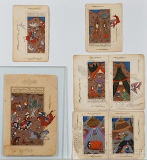 Seven Painted Manuscript Pages 七幅微型画手稿，最大的高12英寸宽7.785英寸，波斯