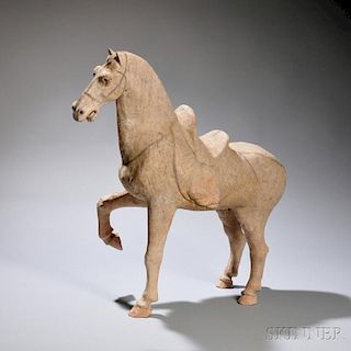 Painted Pottery Prancing Caparisoned Horse 有马鞍的彩陶提腿马，高23英寸，中国唐代