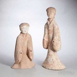 Two Pottery Court Attendants 一跪一站彩陶俑两个，高24.5英寸，中国西汉