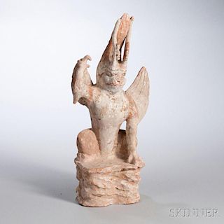 Pottery Earth Spirit 头上长角身上有翅陶制鬼神，高17英寸，中国唐代