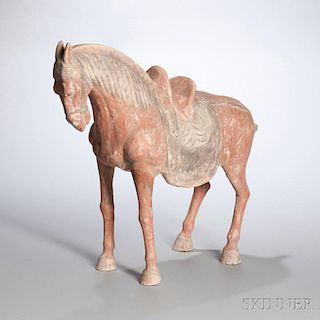 Pottery Horse 陶立马，高17.5英寸，或中国唐代