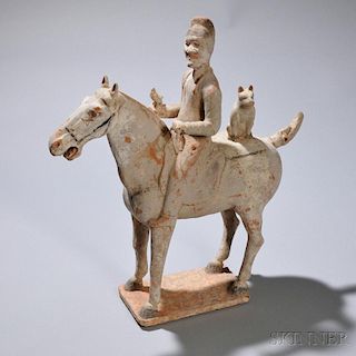 Pottery Horse and Rider 陶制骑士和他的马、狗和鸟，高17英寸，或中国唐代