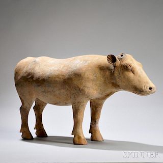 Pottery Figure of a Cow 红色灰陶牛，高15英寸，或中国汉代