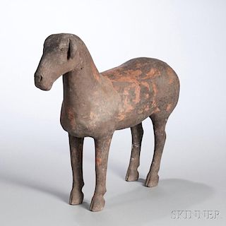 Pottery Figure of a Sheep 黑红色灰陶羊，高15英寸，或中国汉代