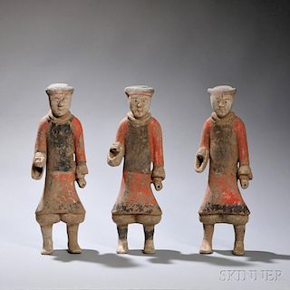 Three Pottery Soldiers 陶兵马俑一套三个，高17英寸，或中国汉代