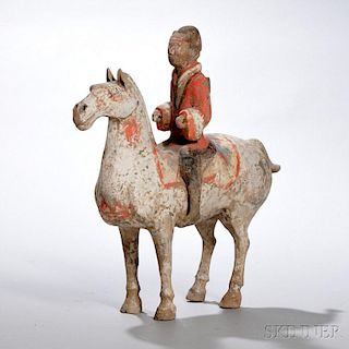Pottery Horse and Rider 彩色灰陶马和骑士，高12.5英寸，或中国汉代
