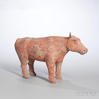 Pottery Figure of a Bull 红色灰陶牛，高8.5英寸，或中国汉代