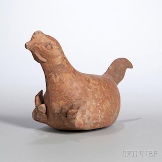 Pottery Figure of a Hen 抱雏灰陶母鸡，高6.5英寸，或中国汉代