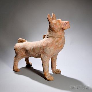 Large Pottery Dog 红色竖耳灰陶狗，高21英寸，或中国汉代