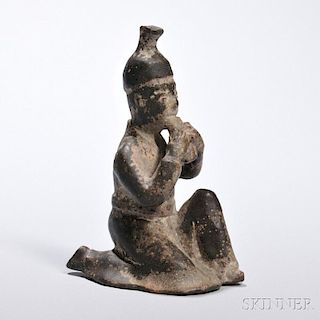 Gray Pottery Musician 灰陶吹奏者，高6.5英寸，中国元代