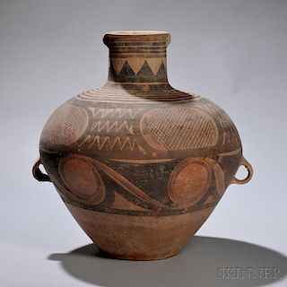 Archaic Earthenware Jar 鼓肩收腹瓶颈双耳古陶罐，高13.375英寸，中国半山文化