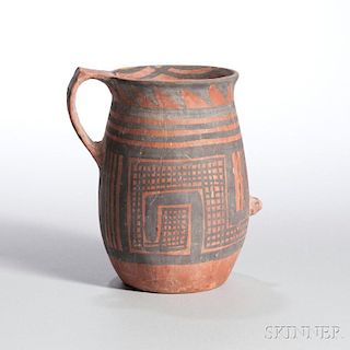 Earthenware Handled Pitcher 红底黑几何纹单执手陶罐，高6.5英寸，中国