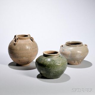 Three Partially Glazed Earthenware Jars 球状四耳绿釉陶罐一个,扁平肩双耳球状绿釉陶罐一个，扁平肩绿釉陶罐一个，高6.62