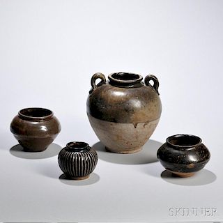Four Brown-glazed Guan  -type Jars 四个棕釉陶罐,高3-8英寸,或中国汉代